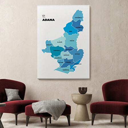 İl ve İlçeler Haritası Adana, Modern Dekoratif Kanvas Tablo, Duvar Dekoru 1247