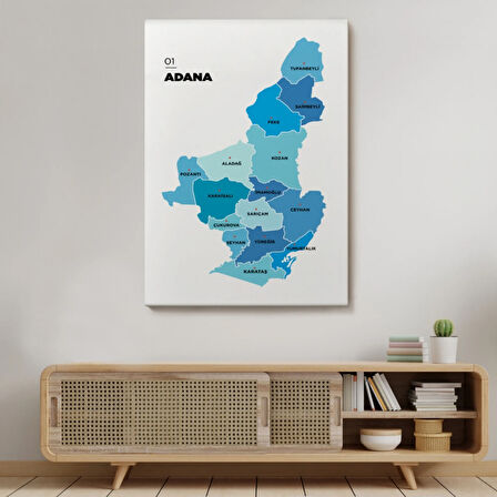 İl ve İlçeler Haritası Adana, Modern Dekoratif Kanvas Tablo, Duvar Dekoru 1247