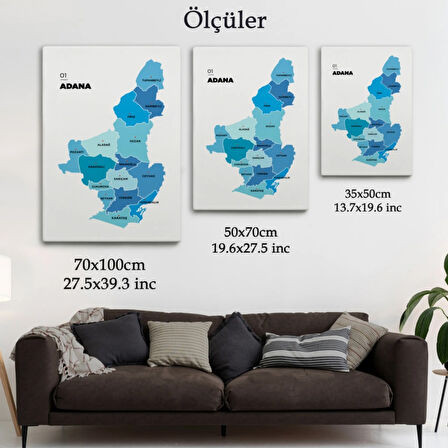 İl ve İlçeler Haritası Adana, Modern Dekoratif Kanvas Tablo, Duvar Dekoru 1247