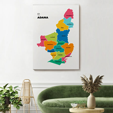 İl ve İlçeler Haritası Adana, Modern Dekoratif Kanvas Tablo, Duvar Dekoru 1248