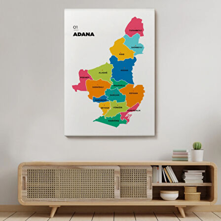İl ve İlçeler Haritası Adana, Modern Dekoratif Kanvas Tablo, Duvar Dekoru 1248