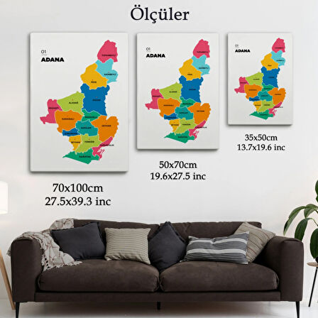İl ve İlçeler Haritası Adana, Modern Dekoratif Kanvas Tablo, Duvar Dekoru 1248
