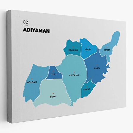 İl ve İlçeler Haritası Adıyaman, Modern Dekoratif Kanvas Tablo, Duvar Dekoru 1249