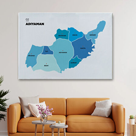 İl ve İlçeler Haritası Adıyaman, Modern Dekoratif Kanvas Tablo, Duvar Dekoru 1249