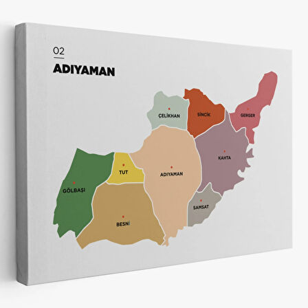 İl ve İlçeler Haritası Adıyaman, Modern Dekoratif Kanvas Tablo, Duvar Dekoru 1250