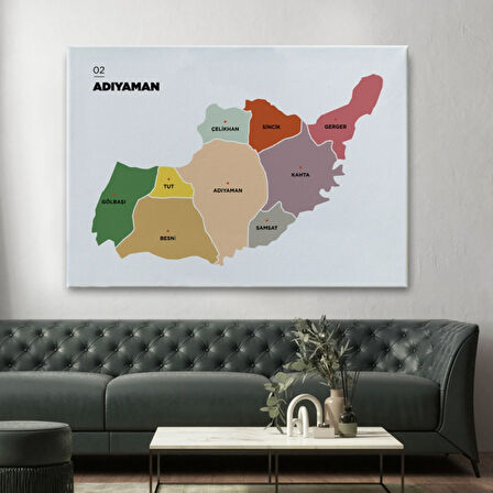 İl ve İlçeler Haritası Adıyaman, Modern Dekoratif Kanvas Tablo, Duvar Dekoru 1250