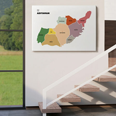 İl ve İlçeler Haritası Adıyaman, Modern Dekoratif Kanvas Tablo, Duvar Dekoru 1250