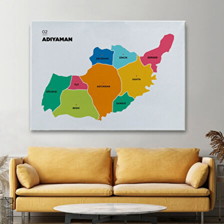 İl ve İlçeler Haritası Adıyaman, Modern Dekoratif Kanvas Tablo, Duvar Dekoru 1251