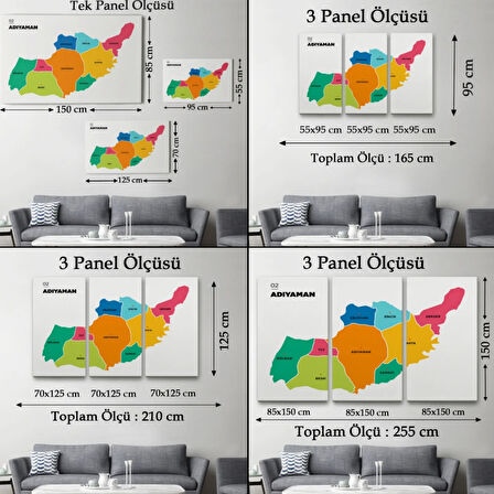 İl ve İlçeler Haritası Adıyaman, Modern Dekoratif Kanvas Tablo, Duvar Dekoru 1251