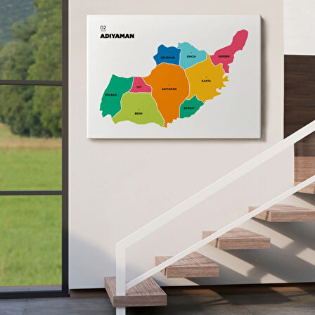 İl ve İlçeler Haritası Adıyaman, Modern Dekoratif Kanvas Tablo, Duvar Dekoru 1251