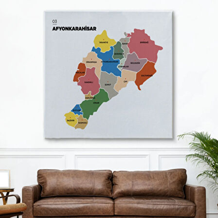 İl ve İlçeler Haritası Afyonkarahisar, Modern Dekoratif Kanvas Tablo, Duvar Dekoru 1253