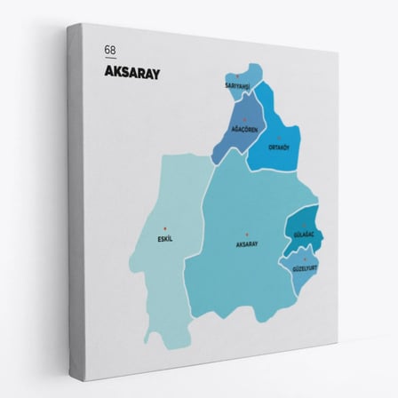 İl ve İlçeler Haritası Aksaray, Modern Dekoratif Kanvas Tablo, Duvar Dekoru 1258