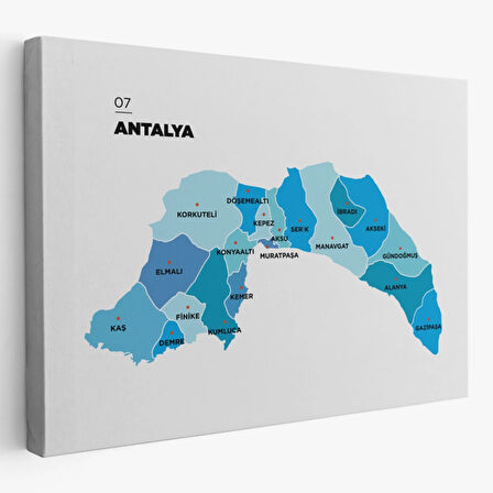İl ve İlçeler Haritası Antalya, Modern Dekoratif Kanvas Tablo, Duvar Dekoru 1267