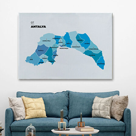 İl ve İlçeler Haritası Antalya, Modern Dekoratif Kanvas Tablo, Duvar Dekoru 1267