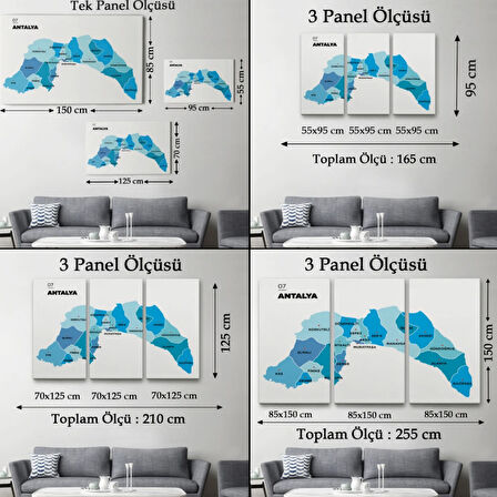 İl ve İlçeler Haritası Antalya, Modern Dekoratif Kanvas Tablo, Duvar Dekoru 1267