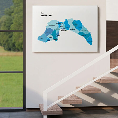 İl ve İlçeler Haritası Antalya, Modern Dekoratif Kanvas Tablo, Duvar Dekoru 1267