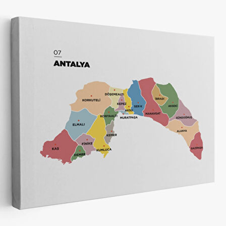 İl ve İlçeler Haritası Antalya, Modern Dekoratif Kanvas Tablo, Duvar Dekoru 1268