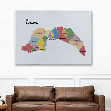 İl ve İlçeler Haritası Antalya, Modern Dekoratif Kanvas Tablo, Duvar Dekoru 1268