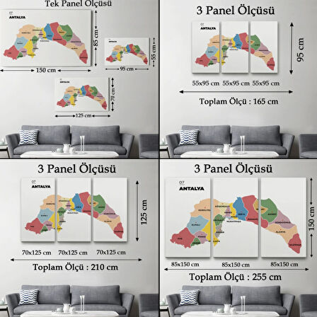 İl ve İlçeler Haritası Antalya, Modern Dekoratif Kanvas Tablo, Duvar Dekoru 1268