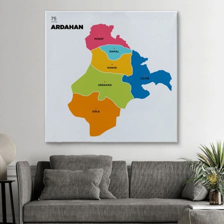 İl ve İlçeler Haritası Ardahan, Modern Dekoratif Kanvas Tablo, Duvar Dekoru 1270