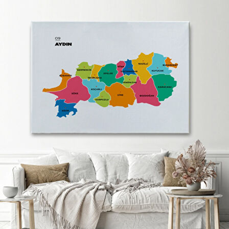 İl ve İlçeler Haritası Aydın, Modern Dekoratif Kanvas Tablo, Duvar Dekoru 1276
