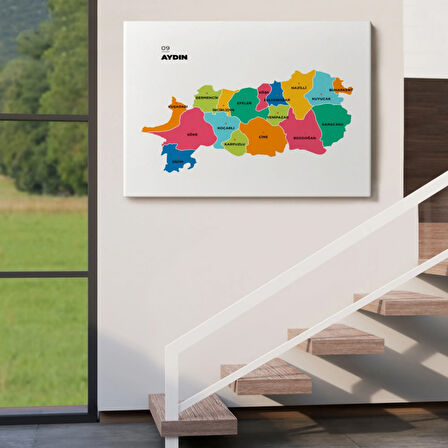 İl ve İlçeler Haritası Aydın, Modern Dekoratif Kanvas Tablo, Duvar Dekoru 1276