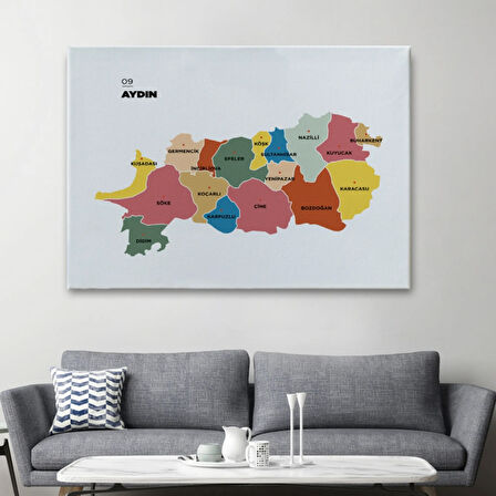 İl ve İlçeler Haritası Aydın, Modern Dekoratif Kanvas Tablo, Duvar Dekoru 1277