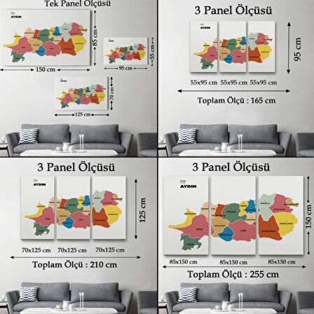 İl ve İlçeler Haritası Aydın, Modern Dekoratif Kanvas Tablo, Duvar Dekoru 1277