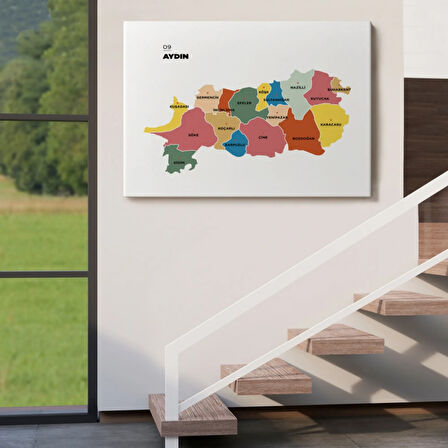 İl ve İlçeler Haritası Aydın, Modern Dekoratif Kanvas Tablo, Duvar Dekoru 1277