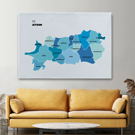 İl ve İlçeler Haritası Aydın, Modern Dekoratif Kanvas Tablo, Duvar Dekoru 1278