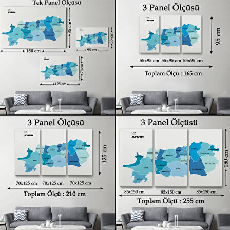 İl ve İlçeler Haritası Aydın, Modern Dekoratif Kanvas Tablo, Duvar Dekoru 1278