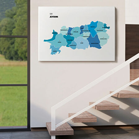 İl ve İlçeler Haritası Aydın, Modern Dekoratif Kanvas Tablo, Duvar Dekoru 1278