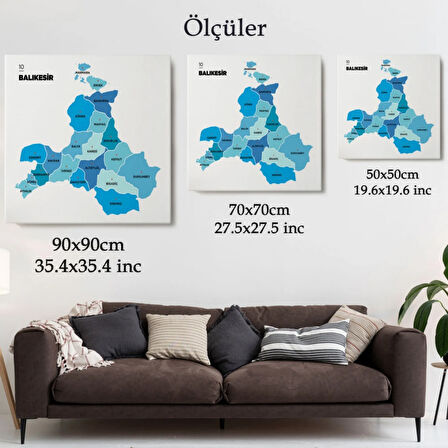 İl ve İlçeler Haritası Balıkesir, Modern Dekoratif Kanvas Tablo, Duvar Dekoru 1281