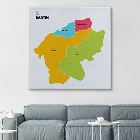 İl ve İlçeler Haritası Bartın, Modern Dekoratif Kanvas Tablo, Duvar Dekoru 1282