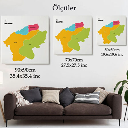 İl ve İlçeler Haritası Bartın, Modern Dekoratif Kanvas Tablo, Duvar Dekoru 1282