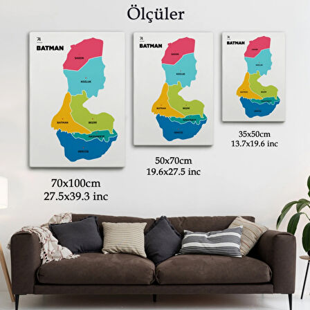 İl ve İlçeler Haritası Batman, Modern Dekoratif Kanvas Tablo, Duvar Dekoru 1285