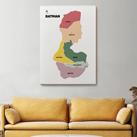 İl ve İlçeler Haritası Batman, Modern Dekoratif Kanvas Tablo, Duvar Dekoru 1286