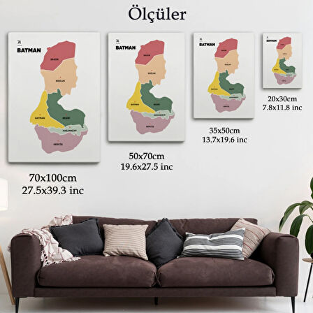 İl ve İlçeler Haritası Batman, Modern Dekoratif Kanvas Tablo, Duvar Dekoru 1286