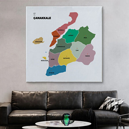 İl ve İlçeler Haritası Çanakkale, Modern Dekoratif Kanvas Tablo, Duvar Dekoru 1310