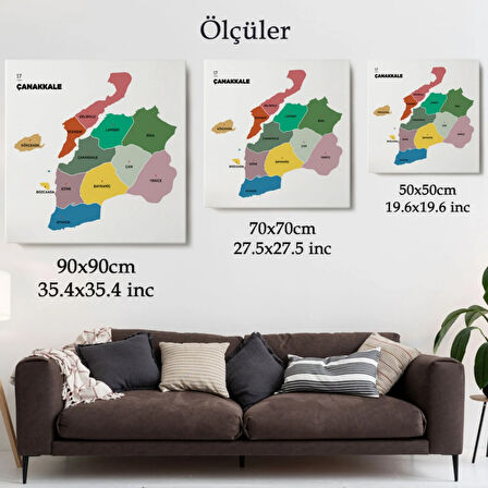 İl ve İlçeler Haritası Çanakkale, Modern Dekoratif Kanvas Tablo, Duvar Dekoru 1310