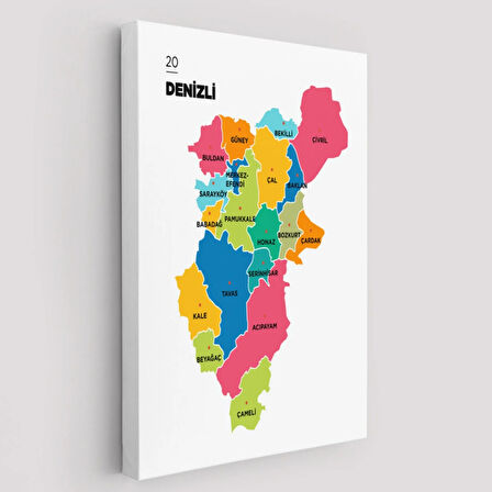 İl ve İlçeler Haritası Denizli, Modern Dekoratif Kanvas Tablo, Duvar Dekoru 1318