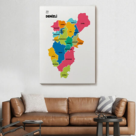 İl ve İlçeler Haritası Denizli, Modern Dekoratif Kanvas Tablo, Duvar Dekoru 1318