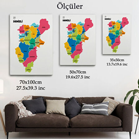 İl ve İlçeler Haritası Denizli, Modern Dekoratif Kanvas Tablo, Duvar Dekoru 1318