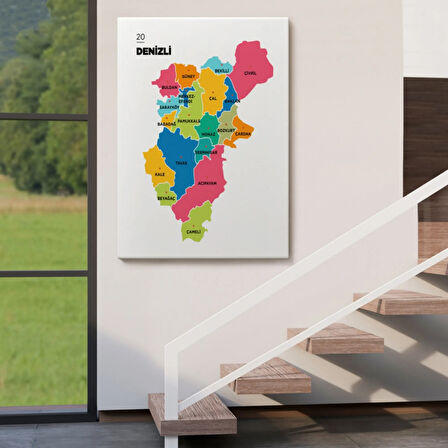 İl ve İlçeler Haritası Denizli, Modern Dekoratif Kanvas Tablo, Duvar Dekoru 1318