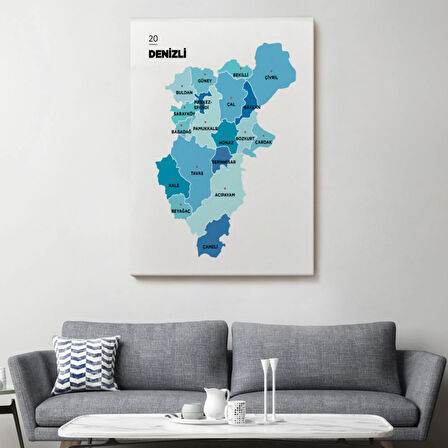 İl ve İlçeler Haritası Denizli, Modern Dekoratif Kanvas Tablo, Duvar Dekoru 1320