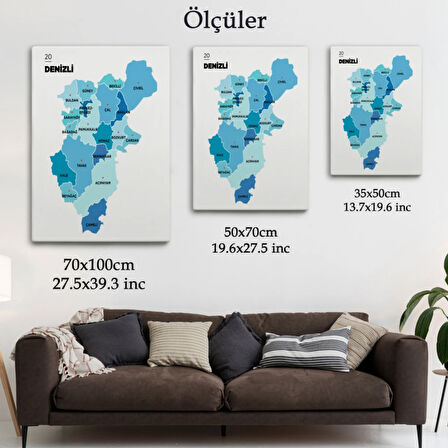 İl ve İlçeler Haritası Denizli, Modern Dekoratif Kanvas Tablo, Duvar Dekoru 1320