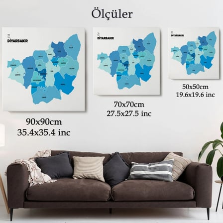 İl ve İlçeler Haritası Diyarbakır, Modern Dekoratif Kanvas Tablo, Duvar Dekoru 1323