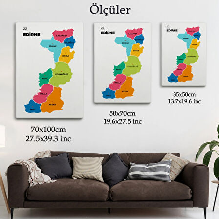 İl ve İlçeler Haritası Edirne, Modern Dekoratif Kanvas Tablo, Duvar Dekoru 1327