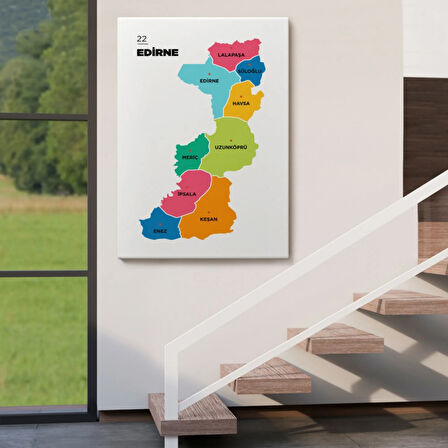 İl ve İlçeler Haritası Edirne, Modern Dekoratif Kanvas Tablo, Duvar Dekoru 1327