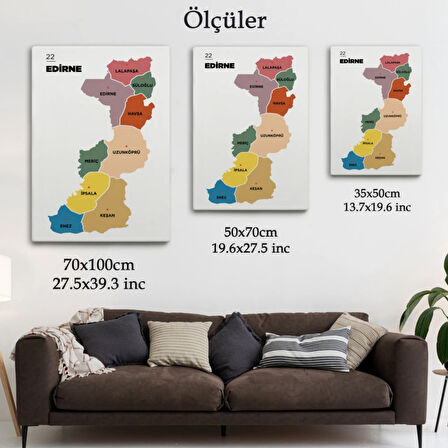 İl ve İlçeler Haritası Edirne, Modern Dekoratif Kanvas Tablo, Duvar Dekoru 1328